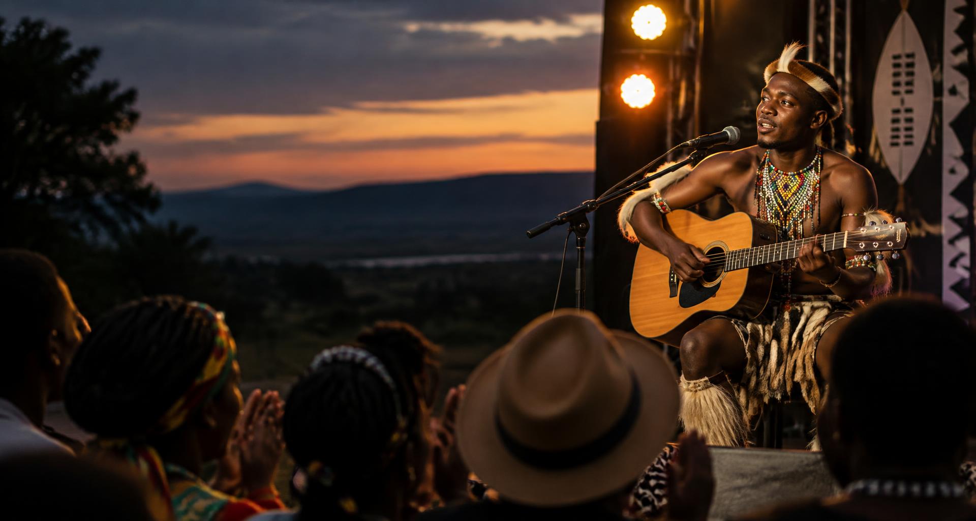A Maskandi musician in traditional attire playing guitar on stage at sunset