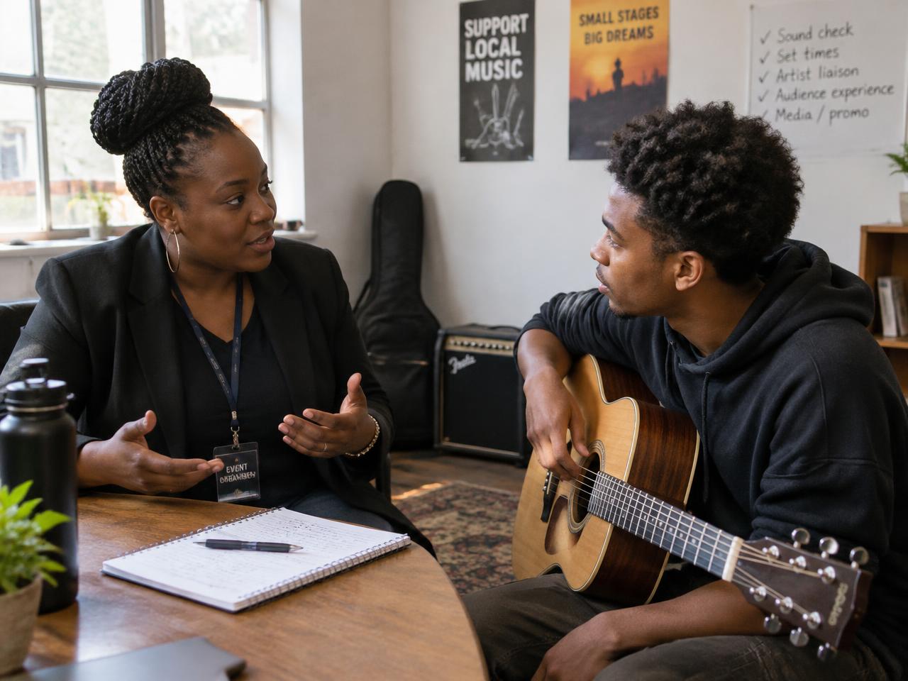 An organiser talking with a young guitarist