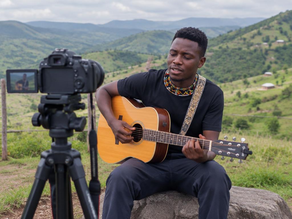 A young musician filmed playing guitar outdoors