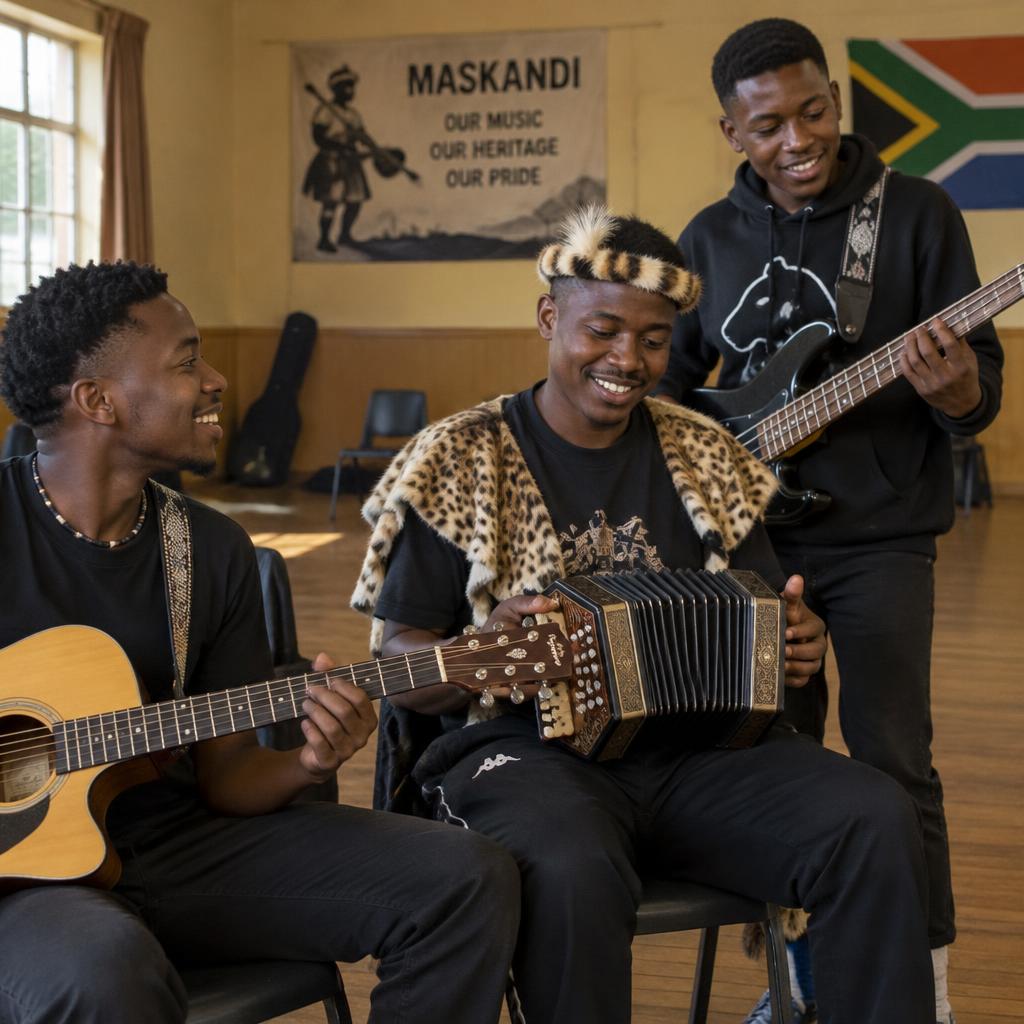 Young musicians rehearsing with guitar, concertina and bass