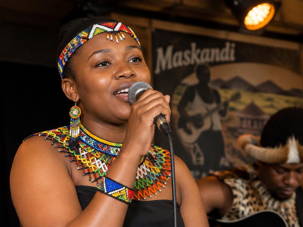 A Maskandi singer in beadwork performing on stage